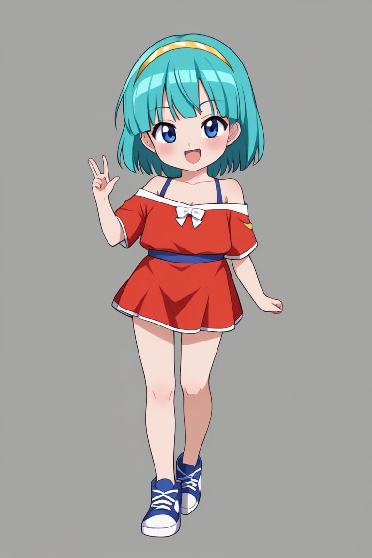 (8k, best quality, masterpiece:1.2), chibi, maron, red short dress, blue eyes, (aqua hair), off shoulder, short sleeves, sneakers 