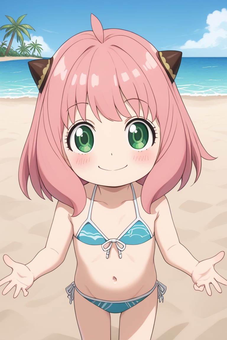 masterpiece, best quality1 child, anya forger, bangs, green eyes, pink hair, ahoge, hair, small horns in hair, bikini, smile, blush, looking at viewer, ground, sea, sand, blue sky, tropical island background