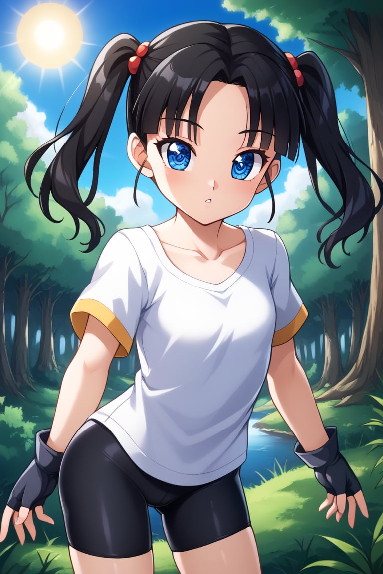 videl, , videl, black hair, blue eyes, eyelashes, (parted bangs:1.5), twintails,BREAK bike shorts, black gloves, black legwear, collarbone, fingerless gloves, gloves, shirt, short sleeves, white shirt,BREAK outdoors, nature, forest, sun, sky, clouds,BREAK looking at viewer, (cowboy shot:1.5),BREAK , (masterpiece:1.2), best quality, high resolution, unity 8k wallpaper, (illustration:0.8), (beautiful detailed eyes:1.6), extremely detailed face, perfect lighting, extremely detailed CG, (perfect hands, perfect anatomy),