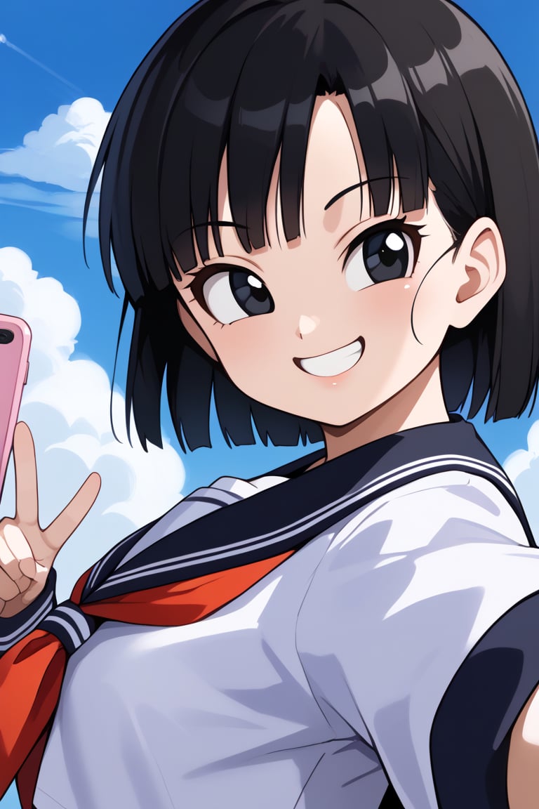 masterpiece, , 1girl, solo, short black hair, (black eyes), pan, from front, school uniform, selfie, upper body, light smile, portrait, from side, blue sky, cloud, school yard, ,