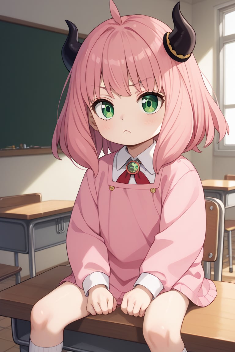 score_9, score_8_up, score_7_up [BREAK] 9 year old girl, 1 child, anya forger, bangs, green eyes, pink hair, ahoge, hair, small horns in hair, evil eyes [BREAK] Light pink clothes [BREAK] Classroom, Blackboard, Sitting on a chair, Crossing her legs [BREAK] Natural light, Kanna Kamui, Score_7_up