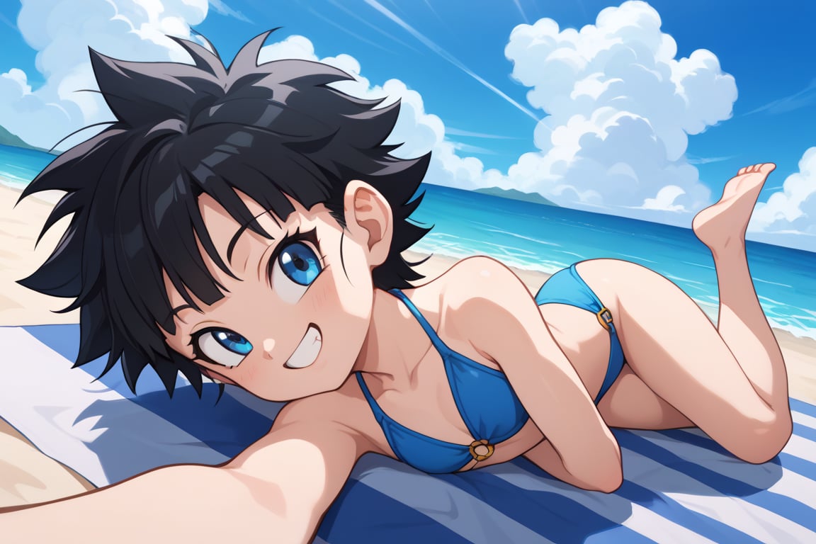 source_anime, score_9, score_8_up, score_7_up, anime screencap,videldbz, 1girl, solo, looking at viewer, smile, short hair, spiked hair, blue eyes, black hair, barefoot, outdoors, sky, day, cloud, water, blue sky, ocean, beach, wind lift, raised eyebrows, selfie, bikini, from above, sunlight, lying on side, barefoot, sexy pose, 