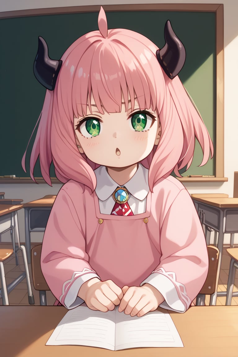 score_9, score_8_up, score_7_up [BREAK] 9 year old girl, 1 child, anya forger, bangs, green eyes, pink hair, ahoge, hair, small horns in hair, evil eyes [BREAK] Light pink clothes [BREAK] Classroom, Blackboard, Sitting on a chair, Crossing her legs [BREAK] Natural light, Kanna Kamui, Score_7_up