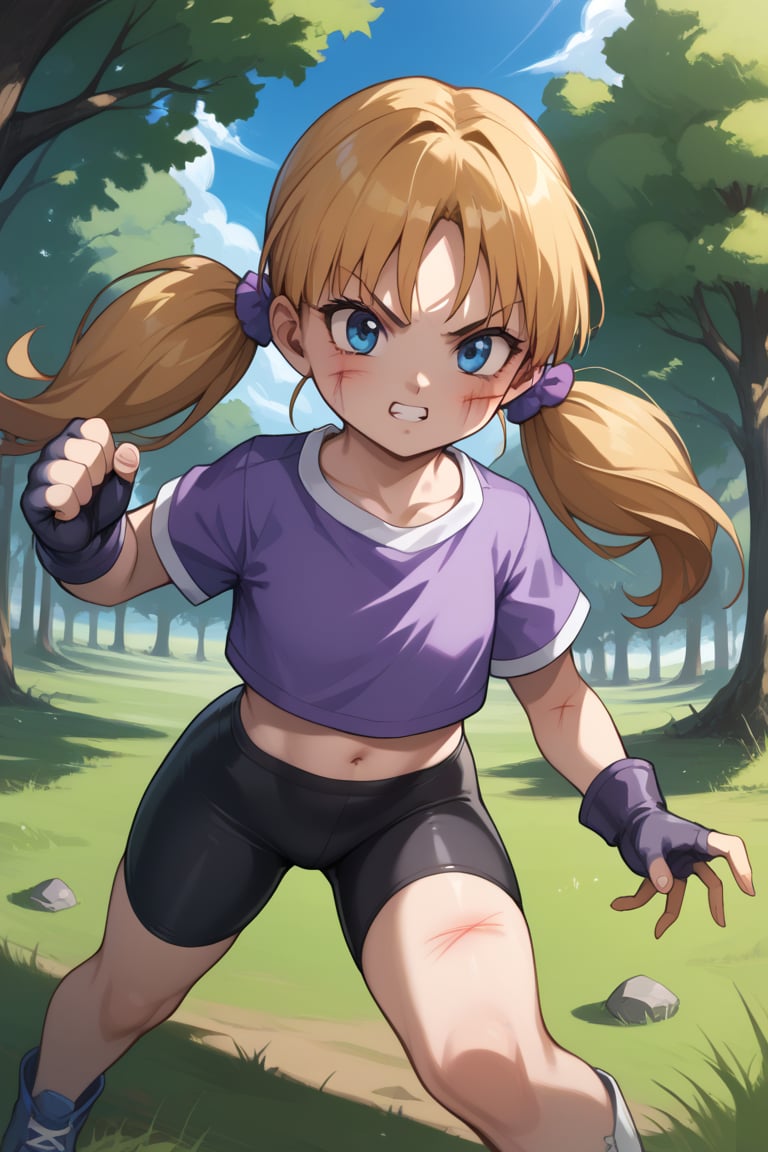 Videl, 1girl, blue eyes, shadows, blue eyes, pigtails, white shirt, purple shirt, , masterpiece, best quality, absurdres, perfect lighting, score_9, score_8_up, score_7_up source_anime, fighting pose, fingerless gloves, bike shorts, open field, trees, rocks, looking at viewer, scratches