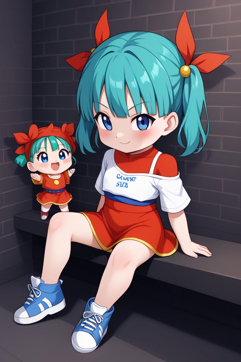 (8k, best quality, masterpiece:1.2), chibi, maron, red short dress, blue eyes, (aqua hair), off shoulder, short sleeves, sneakers 