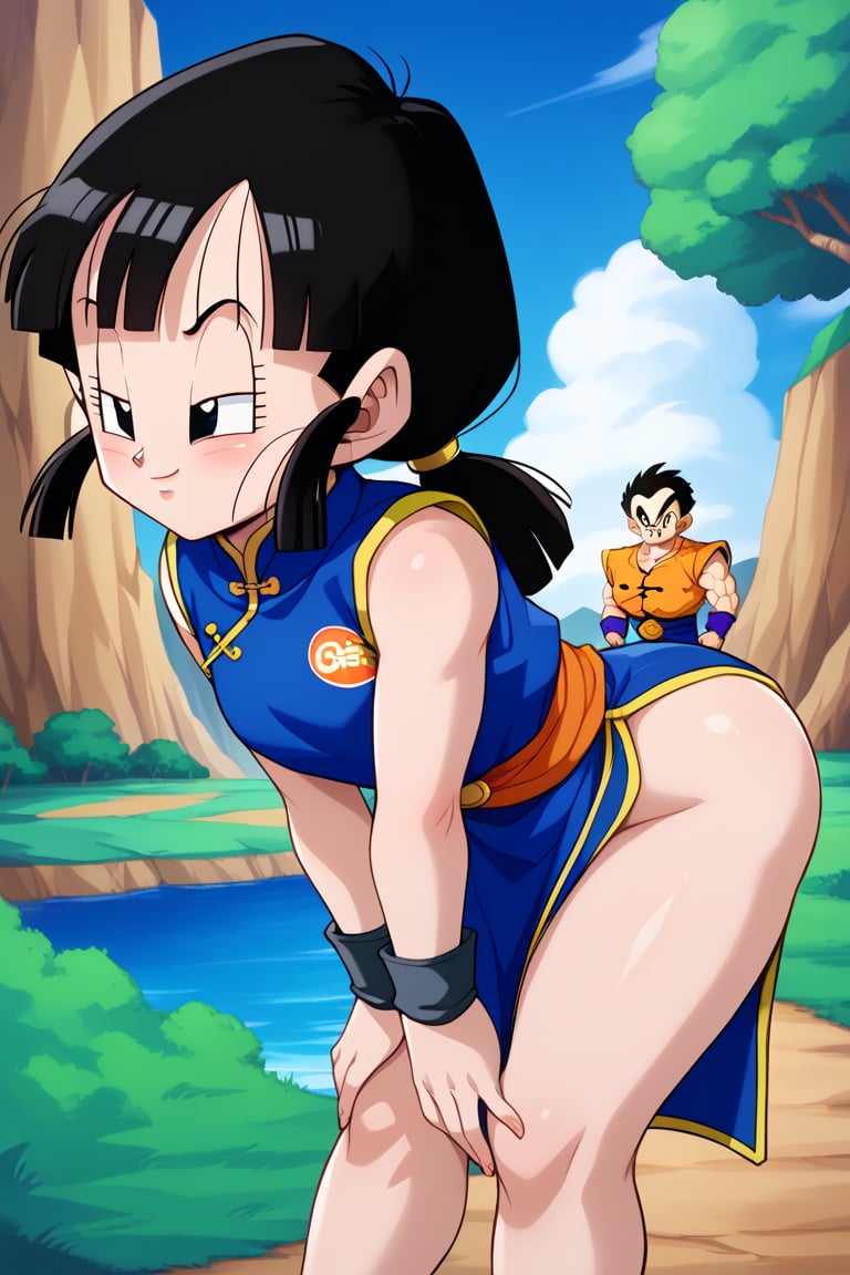 masterpiece, best quality, highres, dragon ball, bbchichi, (low ponytail:1.1), black eyes, chinese clothes, blue dress, sleeveless, wristband, sash, , leaning forward, standing, outdoors,