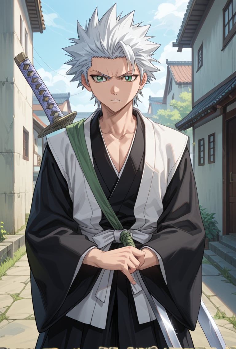 masterpiece, best quality, highres,good colors, extremely detailed,beautiful face and eyes,detail eyes,solo, 5_finger,solo, 1boy,full body,looking at another,collarbone,close mouth,kimono,angry,gallant face,glare,holding weapon,katana,
BREAK,score_9,score_8_up,score_7_up,score_6_up,score_5_up,score_4_up,source_anime,BREAK,Expressiveh,BREAK,rating_explicit,toushirou_hitsugaya, white hair, green eyes, spiked hair,toushirou_hitsugaya \(BLEACH\)