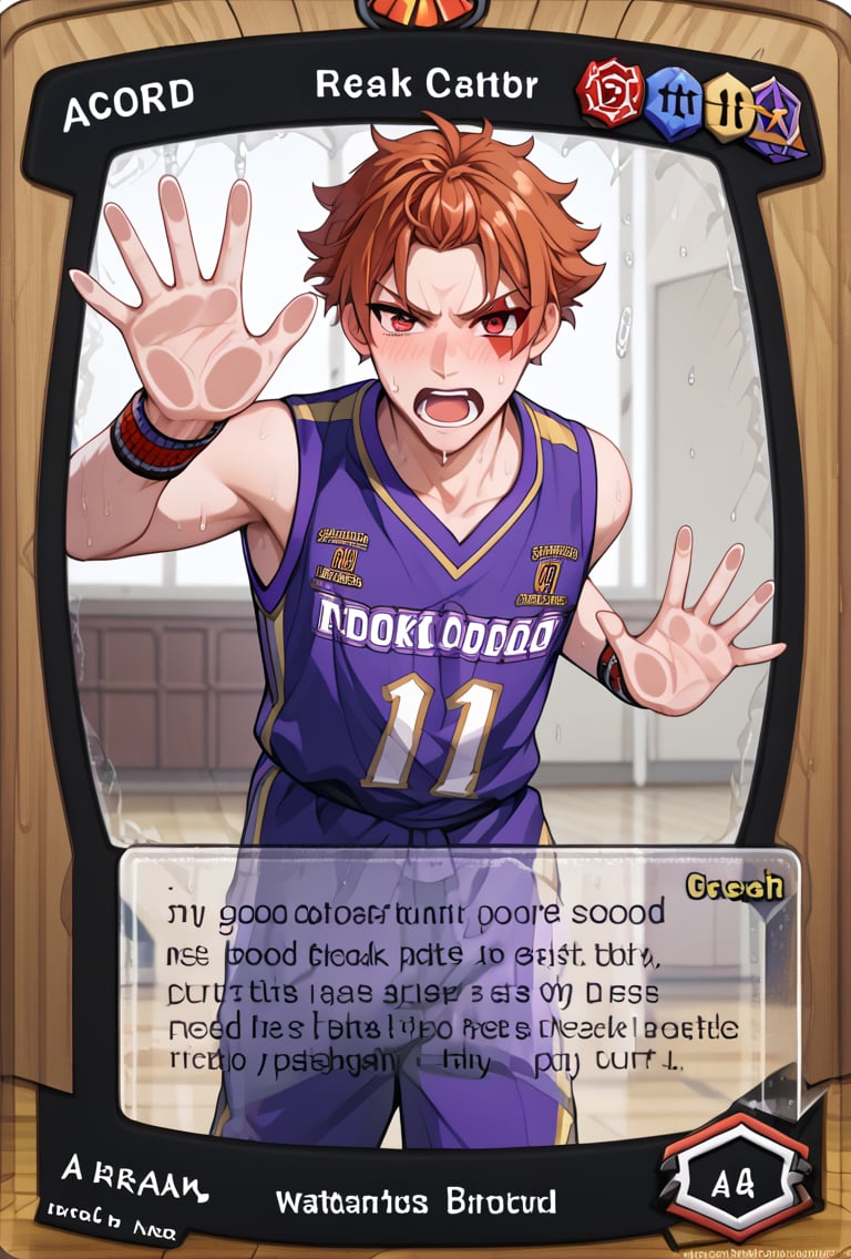 score_9, score_8_up, score_7_up, masterpiece, best quality, highres,good colors,detailed beautiful face and eyes,solo, 5_finger,6_pack, invert triangle body shape, 1boy ,blush,angry,open mouth,scream,from front,,(male focus),basketball uniform,score_6_up,score_5_up,score_4_up,BREAK,source_anime,BREAK,(c4rd,english text,character name,)BREAK,against_glass,ace_trappola,terracotta hair,red eyes,face paint on left eye,make up