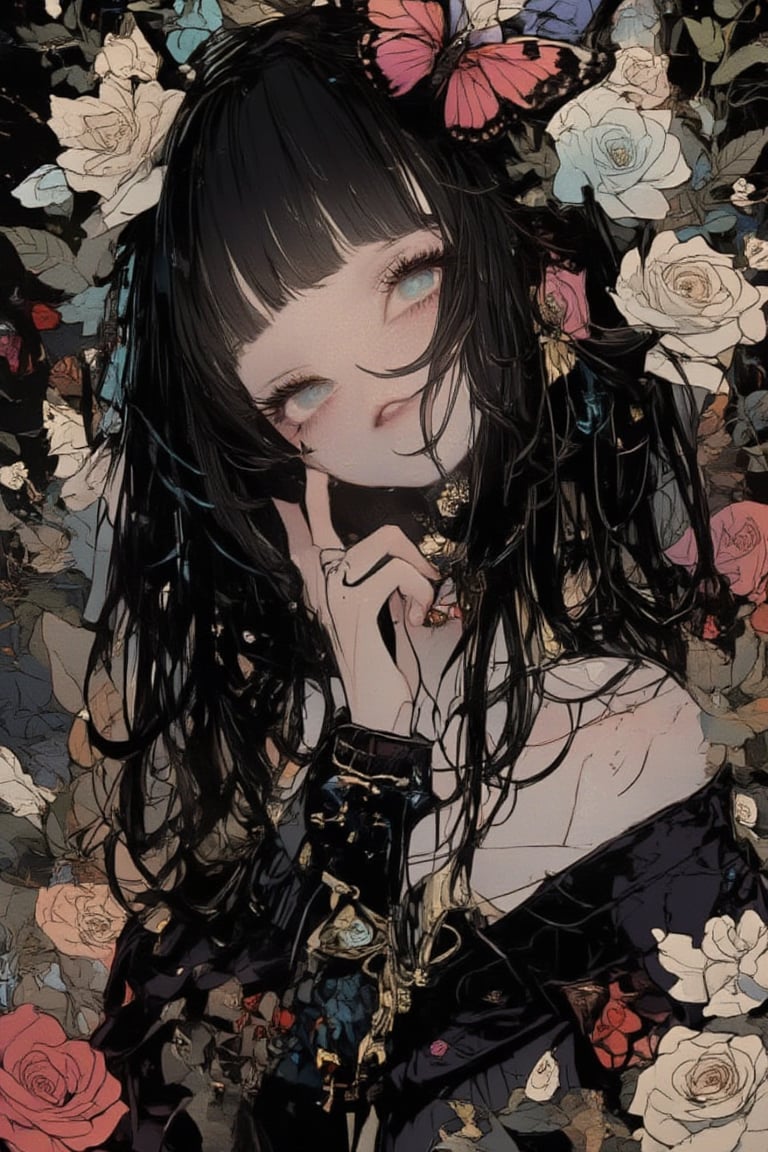 illustration, ink outline, fine detail rendered, color, A beautiful girl in her twenties in a gothic type costume with long black hair, green eyes with a butterfly choker looking at the  is looking at viewer crafted ornaments, detailed background, fantastic, mysterious, perfect composition, , (masterpiece:1.2), ((best quality, 8k, ultra-detailed, very clear)), perfect anatomy, anatomically correct hands, detailed hair, delicate hair expression, detailed eyes, beautiful face, beautiful eyes, extremely stylish, The most fashionable,FANGS