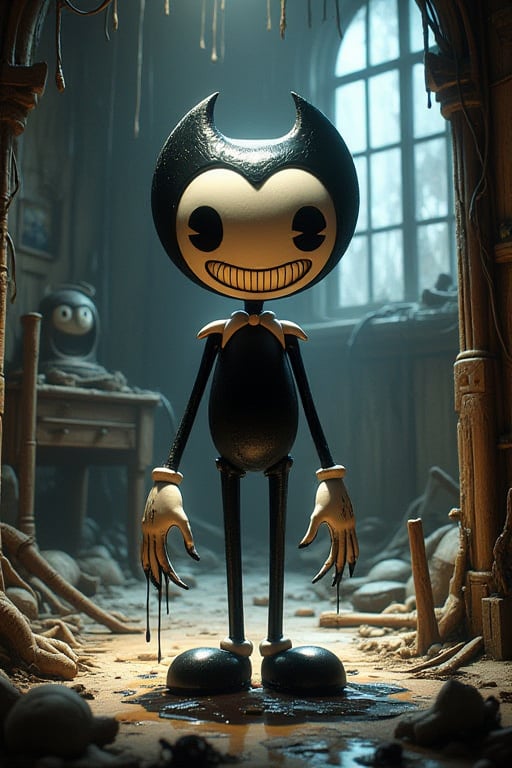 A dimly lit, abandoned cartoon studio, once filled with vibrant colors and laughter, now stands as a haunting monument to forgotten dreams. Among the dusty rubble, a twisted, ink-covered version of Bendy emerges from the shadows, his disproportionate limbs resembling grasping tentacles, his white bow-like gloves now stained by a dark liquid. The boy's face, a grotesque parody of innocence, twists into a malevolent smile as he stands in the dark corners, a monstrous guardian of the secrets of forgotten study.