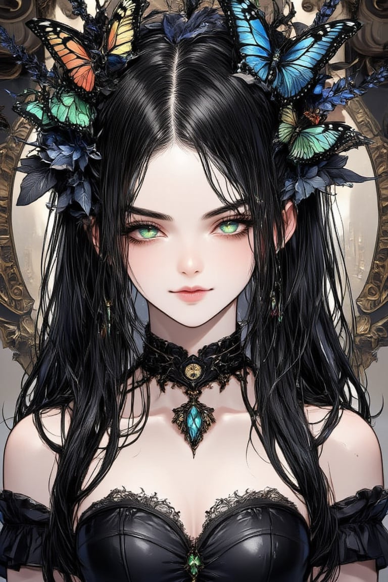 illustration, ink outline, fine detail rendered, color, A beautiful girl in her twenties in a gothic type costume with long black hair, green eyes with a butterfly choker looking at the  is looking at viewer crafted ornaments, detailed background, fantastic, mysterious, perfect composition, , (masterpiece:1.2), ((best quality, 8k, ultra-detailed, very clear)), perfect anatomy, anatomically correct hands, detailed hair, delicate hair expression, detailed eyes, beautiful face, beautiful eyes, extremely stylish, The most fashionable,FANGS