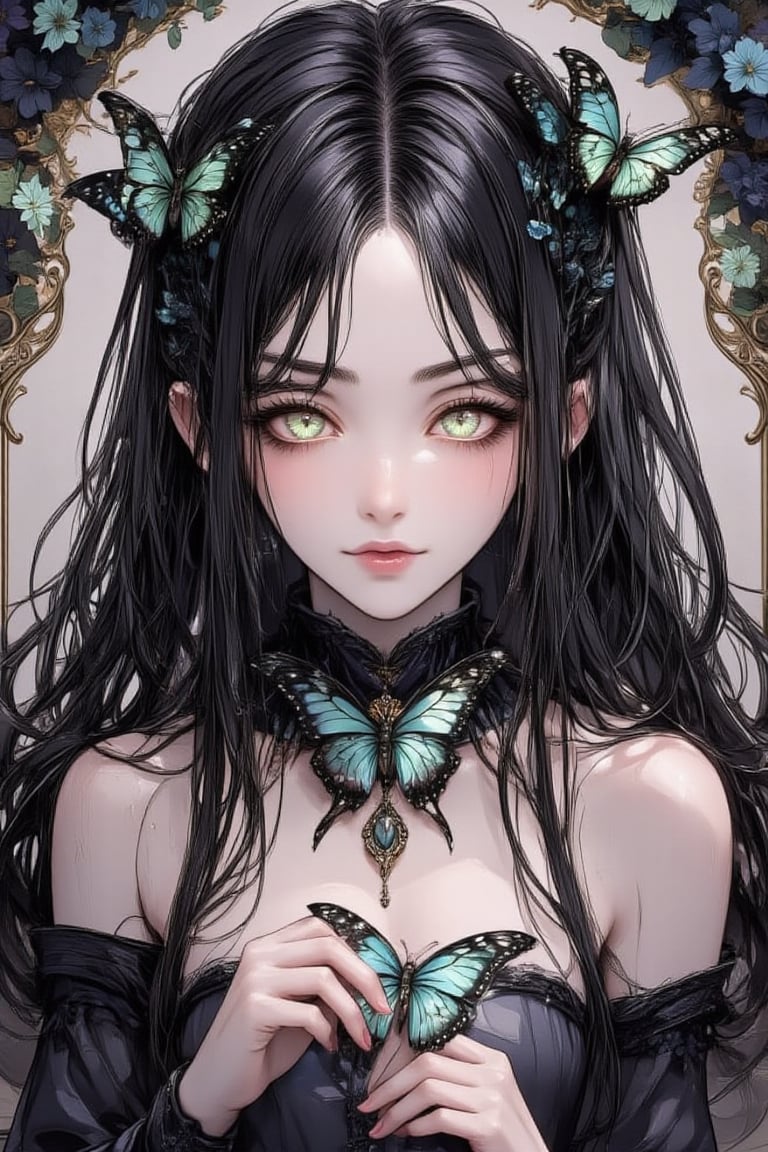 illustration, ink outline, fine detail rendered, color, A beautiful girl in her twenties in a gothic type costume with long black hair, green eyes with a butterfly choker looking at the  is looking at viewer crafted ornaments, detailed background, fantastic, mysterious, perfect composition, , (masterpiece:1.2), ((best quality, 8k, ultra-detailed, very clear)), perfect anatomy, anatomically correct hands, detailed hair, delicate hair expression, detailed eyes, beautiful face, beautiful eyes, extremely stylish, The most fashionable,FANGS