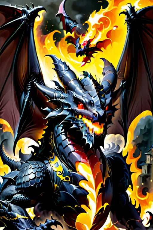 Black dragon, crimson scales, sharp teeth, long sharp claws, bright yellow eyes, large bat wings, burly, terrifying, his body is made of hellish black flames