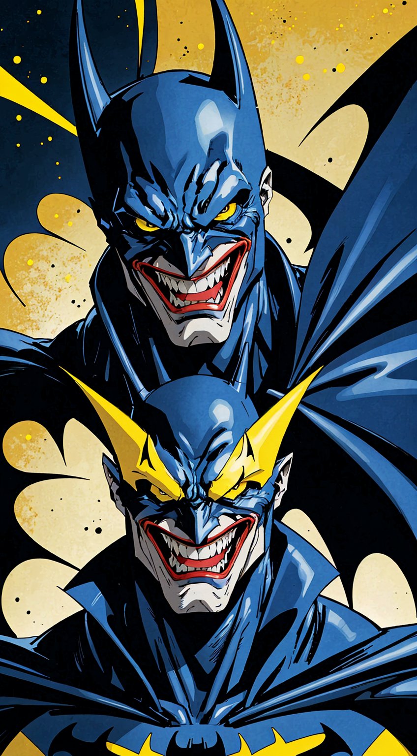 1 man, Batman with a light skin, with a wicked Joker smile on his lips, his yellow teeth, pointed and sharp, as if they were his own fangs. He will be wearing a metallic visor that prevents his eyes from being seen, reflecting his appearance from the Batman: Metal series. The expression on his face is that of a laughing man, an unexpected gesture for Batman. The final image is of a terrifying, sinister character with an impressive presence.