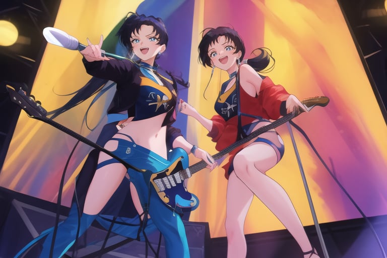 1 girl,  with a very long blue black hair tied in a low ponytail with deep blue eyes playing an electric guitar,  SEIYAKOU...