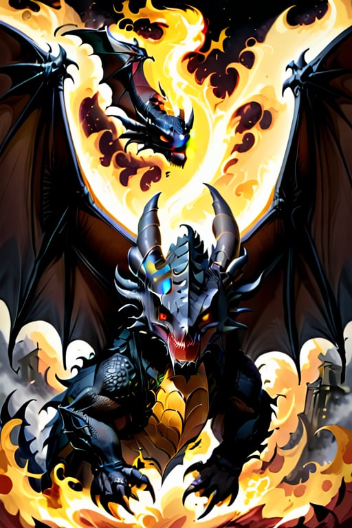 Black dragon, crimson scales, sharp teeth, long sharp claws, bright yellow eyes, large bat wings, burly, terrifying, his body is made of hellish black flames