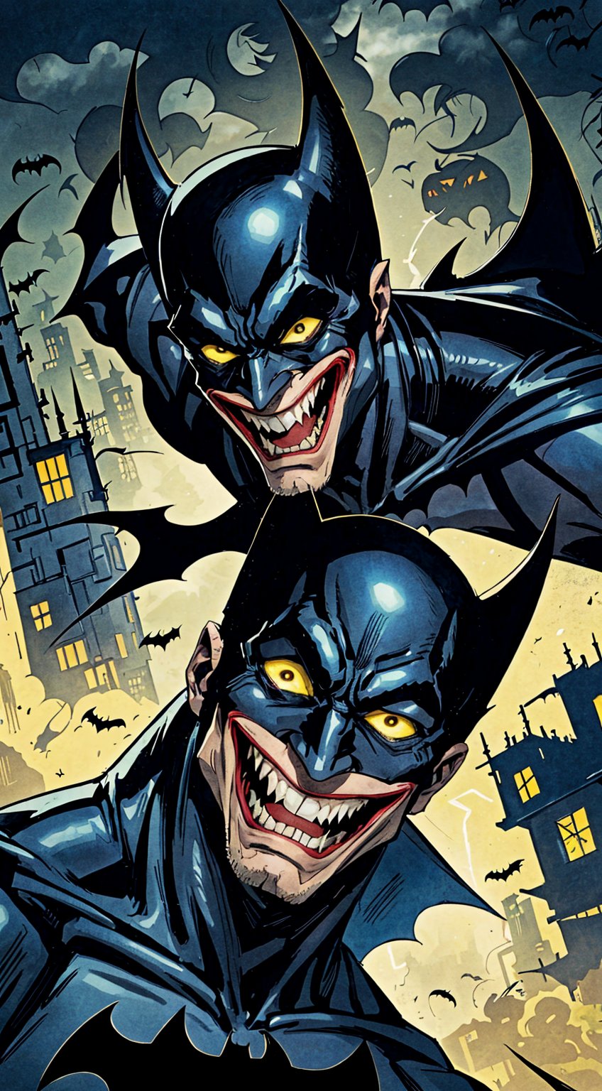 1 man, Batman with a light skin, with a wicked Joker smile on his lips, his yellow teeth, pointed and sharp, as if they were his own fangs. He will be wearing a metallic visor that prevents his eyes from being seen, reflecting his appearance from the Batman: Metal series. The expression on his face is that of a laughing man, an unexpected gesture for Batman. The final image is of a terrifying, sinister character with an impressive presence.