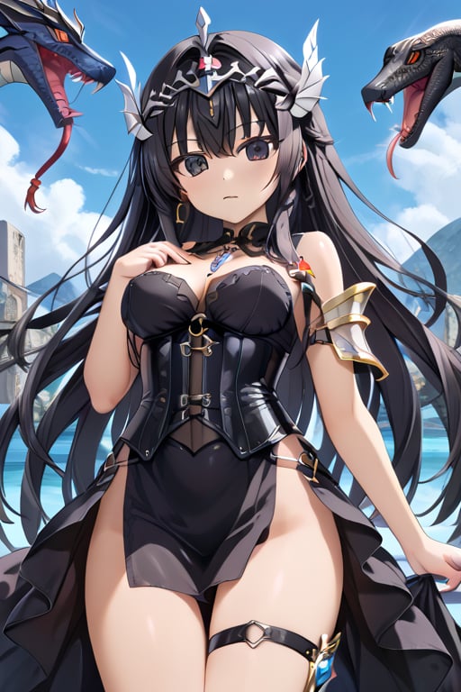 1girl, Pandora of Saint seiya Lost canvas, Muver in her 30's white, very long and shiny black hair, black eyes, long pure black dress, open leg at the thigh, black metal corset in the shape of armor, wearing a black braid, metal ornament on the leg in the shape of a black snake,