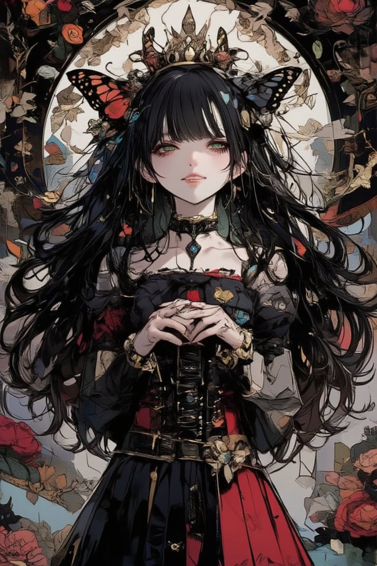 illustration, ink outline, fine detail rendered, color, A beautiful girl in her twenties in a gothic type costume with long black hair, green eyes with a butterfly choker looking at the  is looking at viewer crafted ornaments, detailed background, fantastic, mysterious, perfect composition, , (masterpiece:1.2), ((best quality, 8k, ultra-detailed, very clear)), perfect anatomy, anatomically correct hands, detailed hair, delicate hair expression, detailed eyes, beautiful face, beautiful eyes, extremely stylish, The most fashionable,FANGS