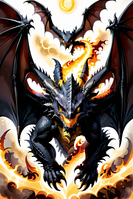 Black dragon, crimson scales, sharp teeth, long sharp claws, bright yellow eyes, large bat wings, burly, terrifying, his body is made of hellish black flames