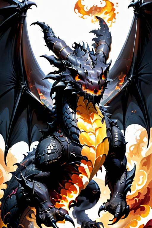 Black dragon, crimson scales, sharp teeth, long sharp claws, bright yellow eyes, large bat wings, burly, terrifying, his body is made of hellish black flames