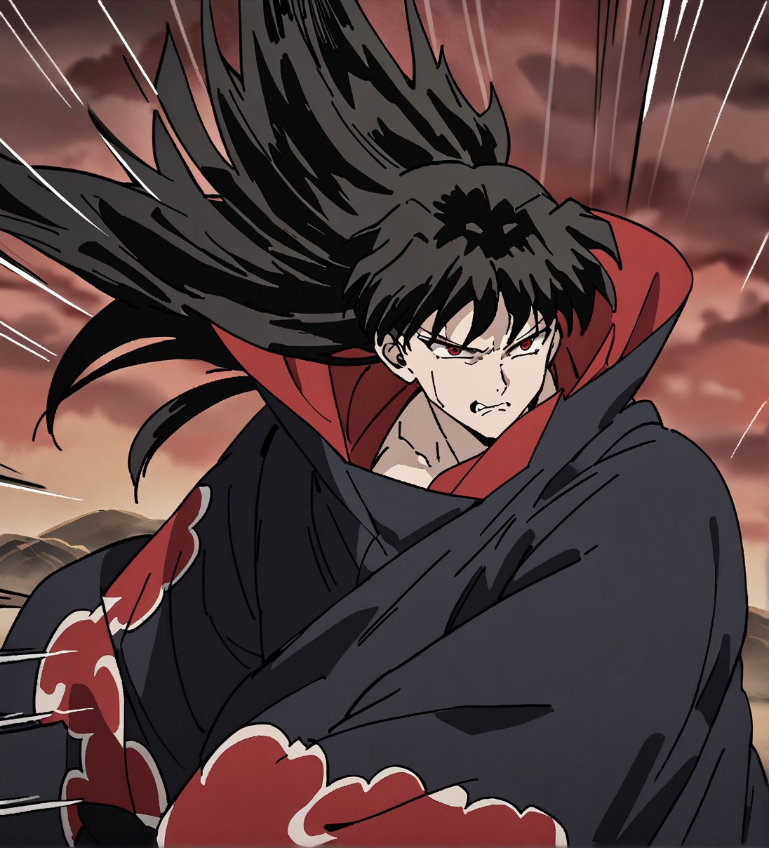 score_9,1boy, male, solo, upper body, focus male, long hair, black hair, baggy eyes , muscle body, red eyes, Beautiful eyes, defined body, dark colors, kimono, akatsuki cloak, black cloths with red clouds, akatsuki cloths,loose clothing, detailed eyes, cloak, angry face,  naraku_inuyasha, battle position, battle, attack, martial artist, fight, movement lines, wind lines, move effect, shaddows, shaddows effects