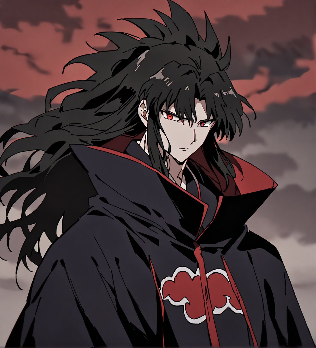 score_9,1boy, male, solo, upper body, focus male, long hair, black hair, baggy eyes , muscle body, red eyes, Beautiful eyes, defined body, dark colors, kimono, akatsuki cloak, black cloths with red clouds, akatsuki cloths,loose clothing, detailed eyes, cloak, normal face,  naraku_inuyasha