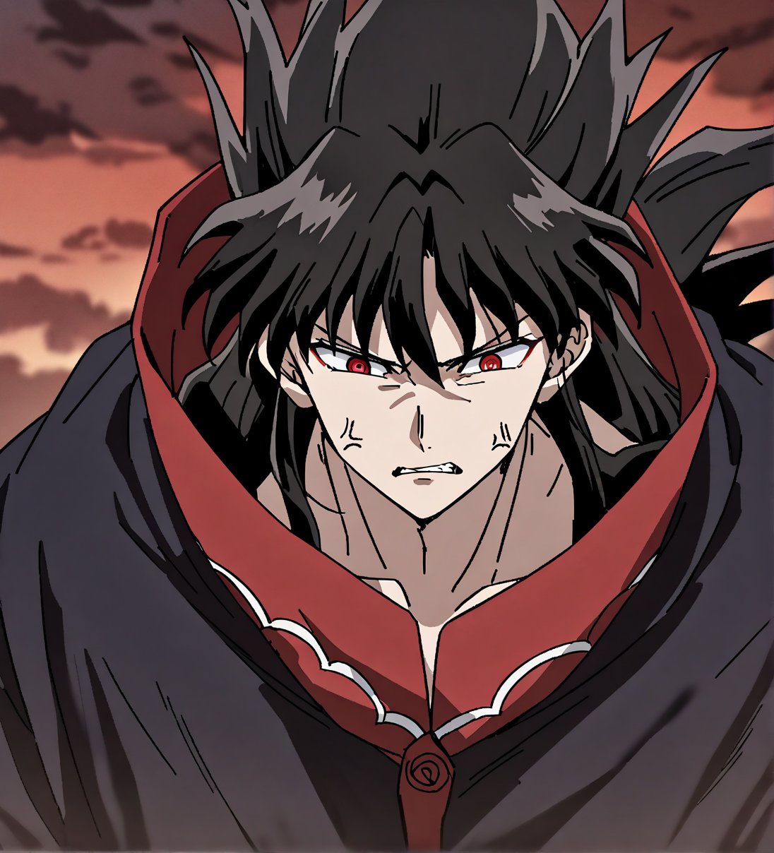 score_9,1boy, male, solo, upper body, focus male, long hair, black hair, baggy eyes , muscle body, red eyes, Beautiful eyes, defined body, dark colors, kimono, akatsuki cloak, black cloths with red clouds, akatsuki cloths,loose clothing, detailed eyes, cloak, angry face,  naraku_inuyasha