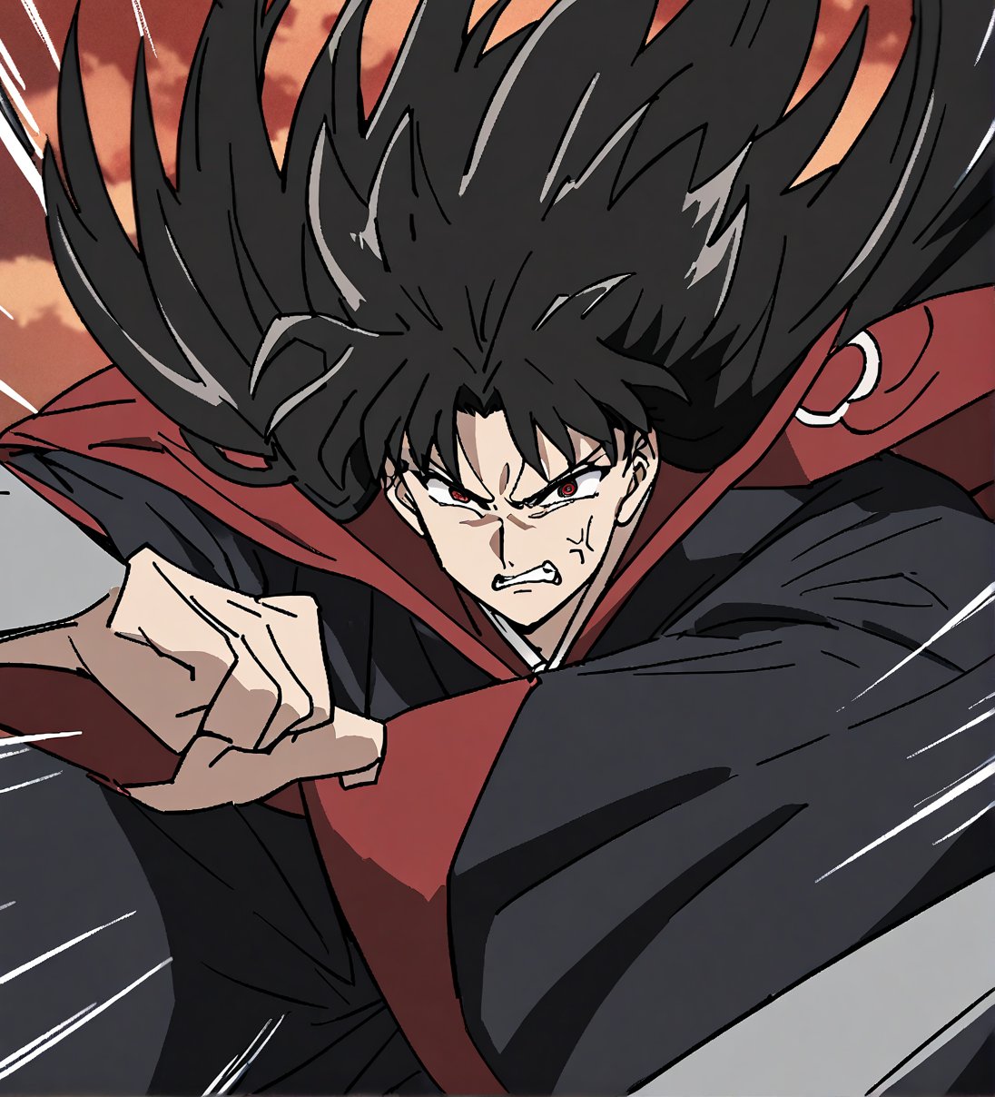 score_9,1boy, male, solo, upper body, focus male, long hair, black hair, baggy eyes , muscle body, red eyes, Beautiful eyes, defined body, dark colors, kimono, akatsuki cloak, black cloths with red clouds, akatsuki cloths,loose clothing, detailed eyes, cloak, angry face,  naraku_inuyasha, battle position, battle, attack, martial artist, fight, movement lines, wind lines, move effect, shaddows, shaddows effects