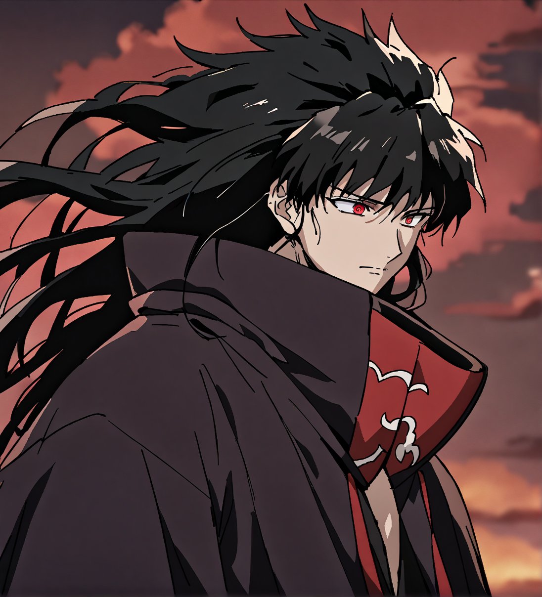 score_9,1boy, male, solo, upper body, focus male, long hair, black hair, baggy eyes , muscle body, red eyes, Beautiful eyes, defined body, dark colors, kimono, akatsuki cloak, black cloths with red clouds, akatsuki cloths,loose clothing, detailed eyes, cloak, normal face,  naraku_inuyasha