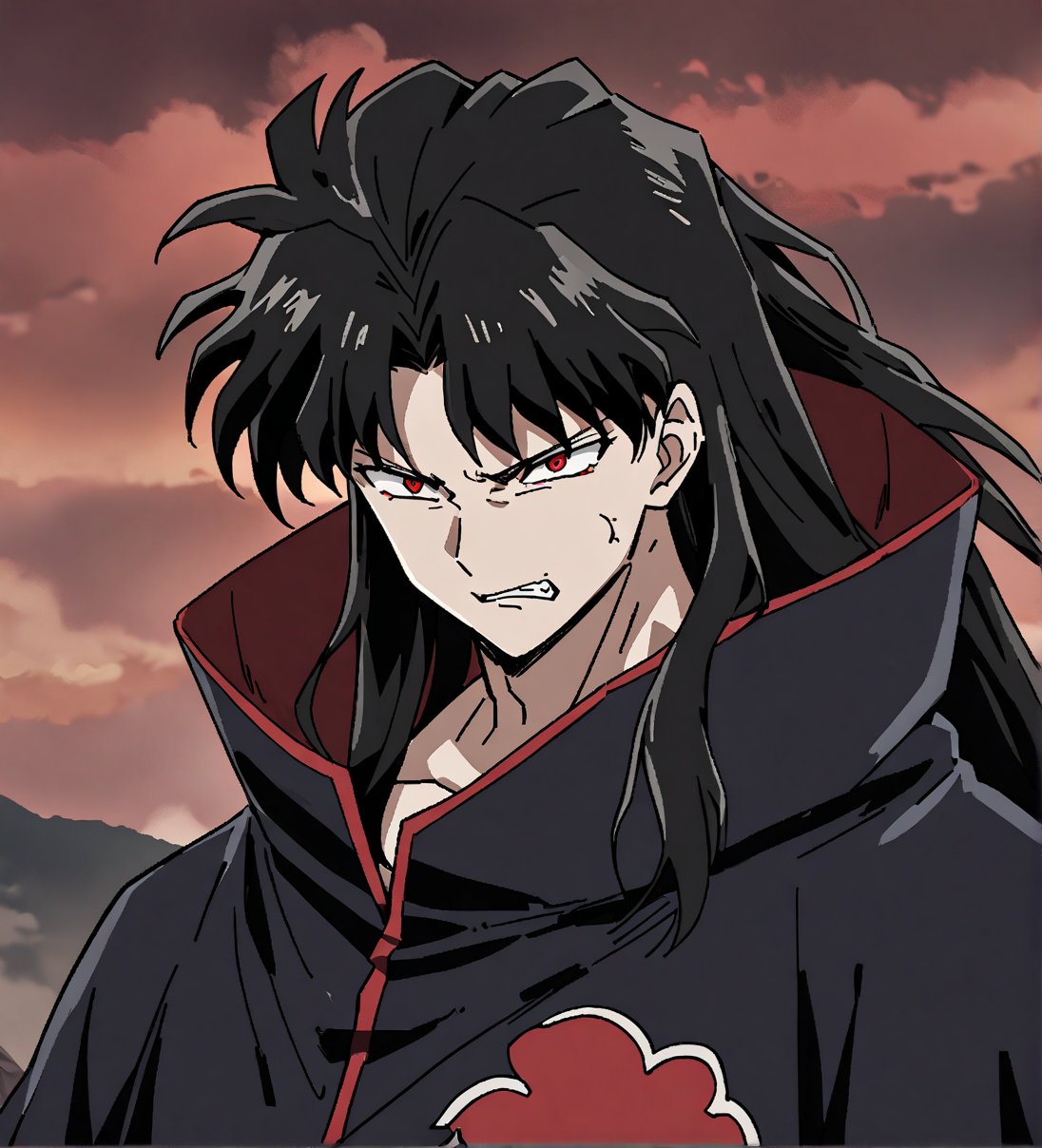 score_9,1boy, male, solo, upper body, focus male, long hair, black hair, baggy eyes , muscle body, red eyes, Beautiful eyes, defined body, dark colors, kimono, akatsuki cloak, black cloths with red clouds, akatsuki cloths,loose clothing, detailed eyes, cloak, angry face,  naraku_inuyasha