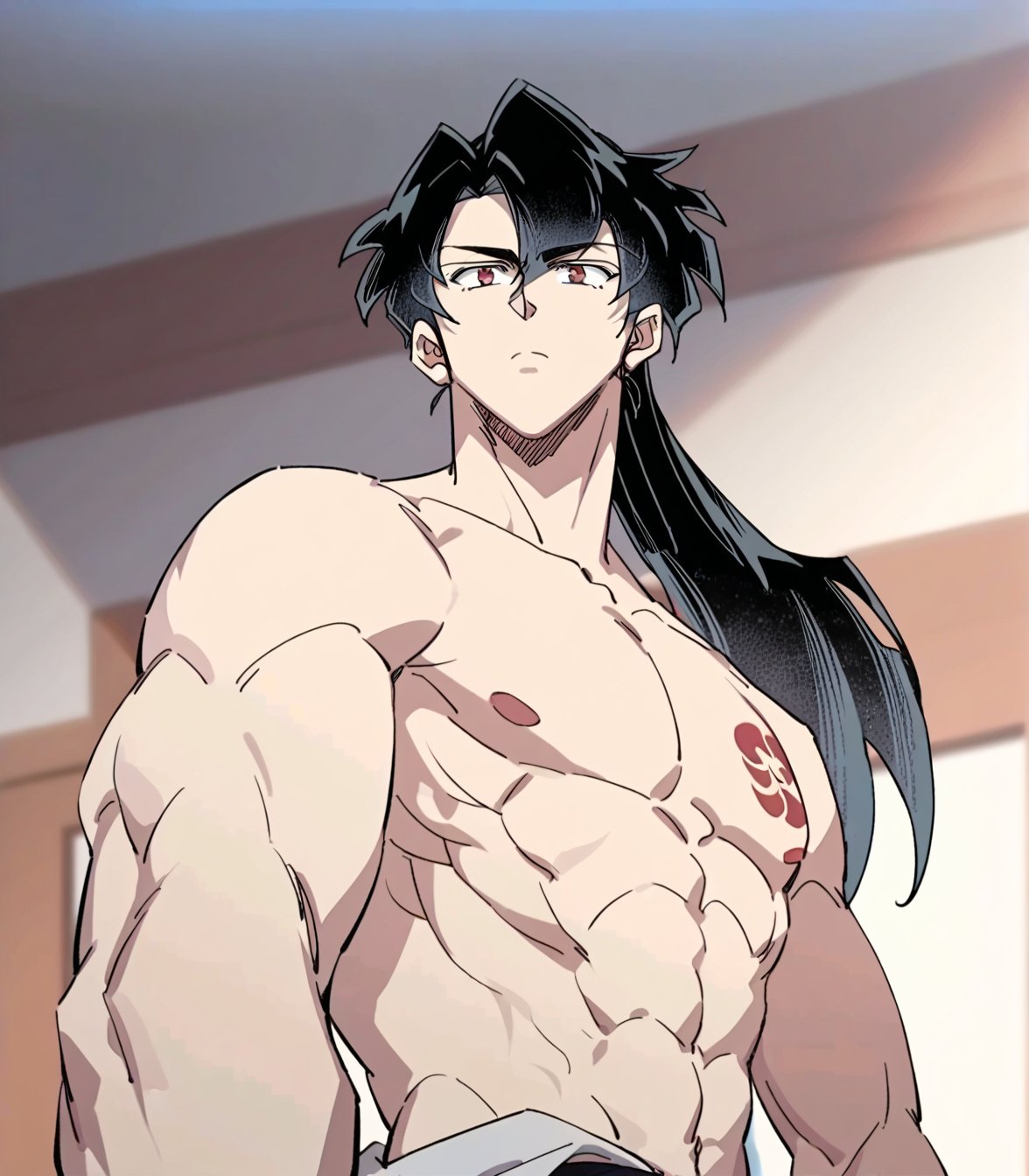 score_9, score_8_up, score_8, anime_screencap,good drawing, best quality,illustration, ,masterpiece, best qualit
y, highres, male muscle, muscular legs
 ((side angled view, body view, body fit)), 1 boy, chung myung,black hair,ponytail,long hair,eyes visible through hair,muscular,muscular male,red eyes