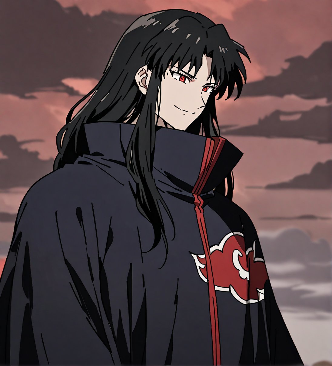 score_9,1boy, male, solo, upper body, focus male, long hair, black hair, baggy eyes , muscle body, red eyes, Beautiful eyes, defined body, dark colors, kimono, akatsuki cloak, black cloths with red clouds, akatsuki cloths,loose clothing, detailed eyes, cloak, happy face, smile, naraku_inuyasha