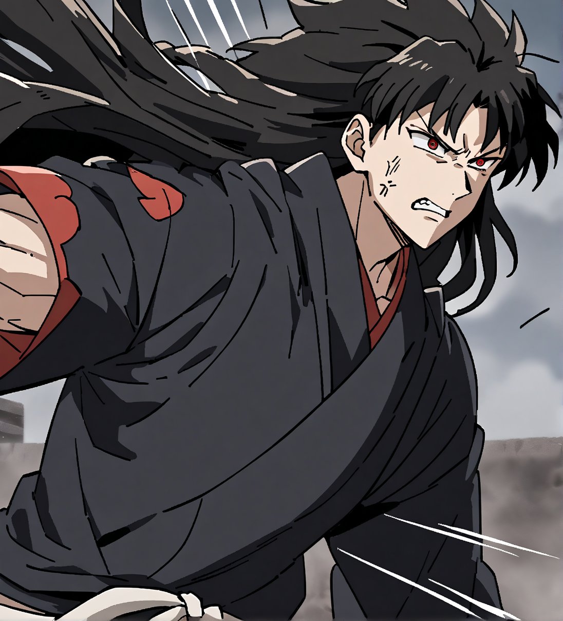 score_9,1boy, male, solo, upper body, focus male, long hair, black hair, baggy eyes , muscle body, red eyes, Beautiful eyes, defined body, dark colors, loose clothing, ninja cloths, black shirt, detailed eyes, cloak, angry face,  naraku_inuyasha, battle position, battle, attack, martial artist, fight, movement lines, wind lines, move effect, shaddows, shaddows effects