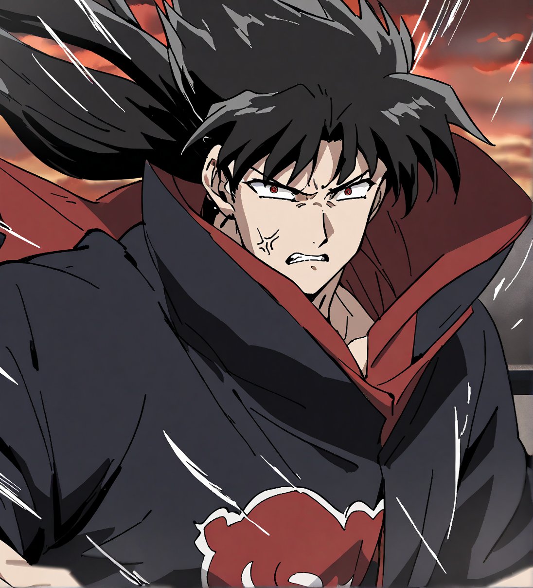 score_9,1boy, male, solo, upper body, focus male, long hair, black hair, baggy eyes , muscle body, red eyes, Beautiful eyes, defined body, dark colors, kimono, akatsuki cloak, black cloths with red clouds, akatsuki cloths,loose clothing, detailed eyes, cloak, angry face,  naraku_inuyasha, battle position, battle, attack, martial artist, fight, movement lines, wind lines, move effect, shaddows, shaddows effects