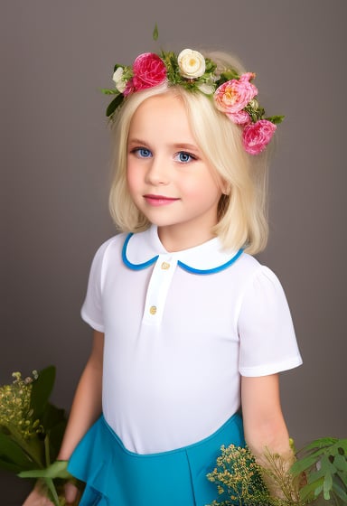 upper body, girl 7 year-old, vintage dress, short sleeves, collar, blond hair, photo studio, dark simple blurred background, perfectly illumination,vdress,rfc,floral headpiece,big flowers,ALBINO,WHITE EYEBROWS,WHITE EYELASHES,WHITE HAIR,ALG,WHITE SKIN,MSWS,skirt suspenders