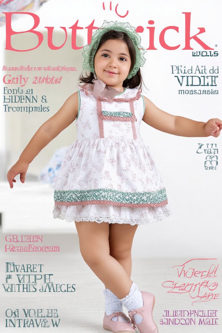 cover magazine, The title of the magazine "Butterick" "Dress for Girls", (((full body))) photography a little girl 7 year-old child, standing, front view, (looking at viewer:1.2),(long hair:1.2), black hair, messy hair, (hairclip:1.2), pale skin, Ruffle, fluffy, bonnet, long sock over knee Ribbon bow and Lace Ruffle, (classic Flats Mary Janes) jesusito,jesusito dress