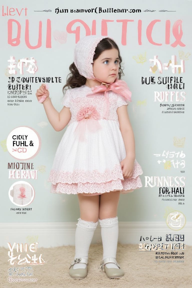 cover magazine, The title of the magazine "Butterick" "Dress for Girls", (((full body))) photography a little girl 7 year-old child, standing, front view, (looking at viewer:1.2),(long hair:1.2), black hair, messy hair, (hairclip:1.2), pale skin, Ruffle, fluffy, bonnet, long sock over knee Ribbon bow and Lace Ruffle, (classic Flats Mary Janes) jesusito,jesusito dress