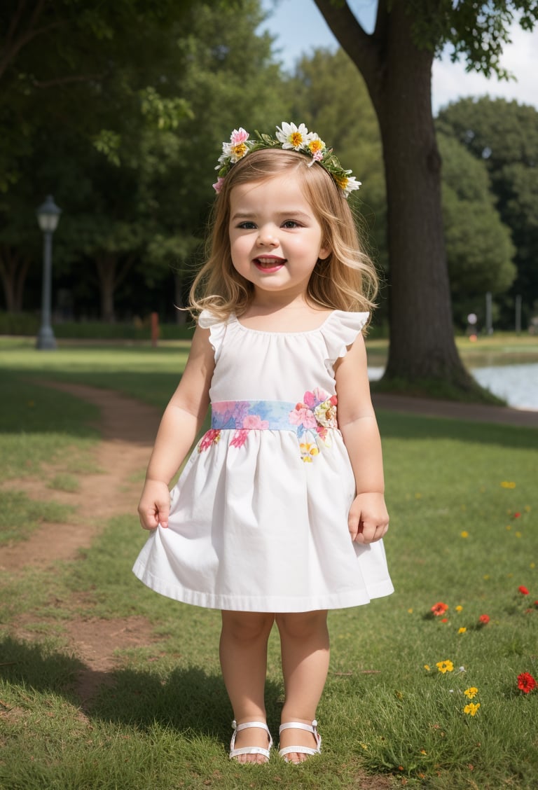 (full body photo of a toddler girl 5 year-old), real flowers crown, floral crown, flower, perfect face, standing on the grass near a pond, there are ducks, many bushes and trees in the background, white hair, Long messy Wavy Hair, hair bow,  realistic, skirt suspenders, best possible lighting, detailed face, thick and detailed hair, lips,MSWS,William Morris Art,Long Natural Wavy Hair,rfc