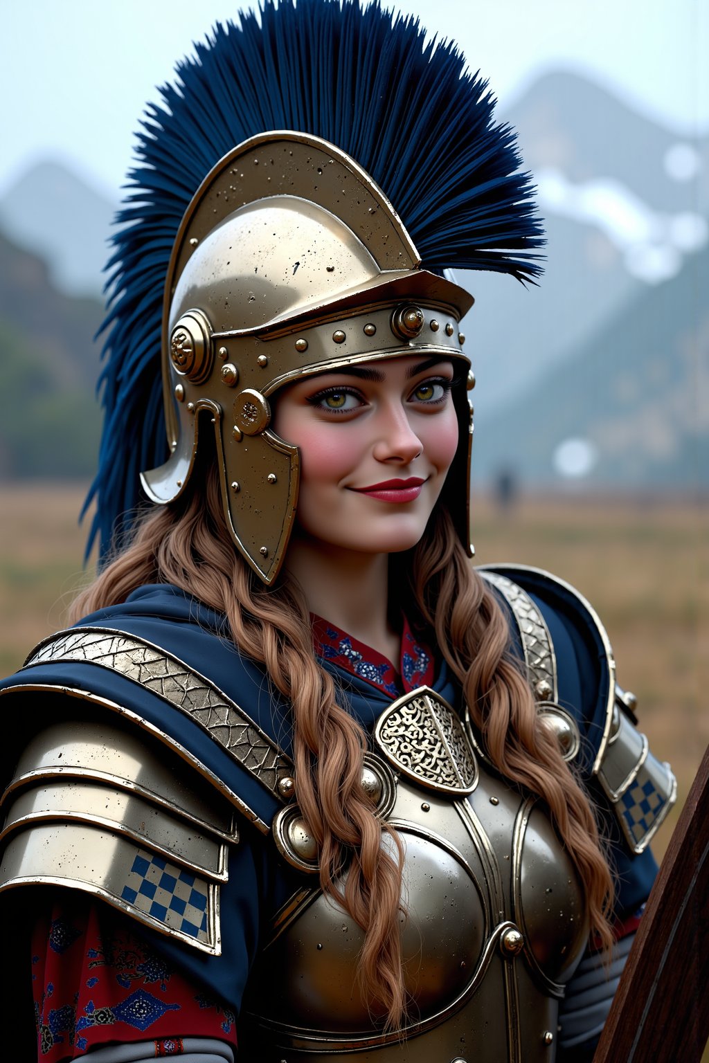 (Detailed Face),((full body closeup view)), 1girl, ((( Ella Purnell in ancient Roman armor, Roman helmet with long thick blue plume))),((brown long curly hair, braided, red cheeks, smirk)), ((checkered pattern on shield))
BREAK,
(( walking along the wooden fort wall of a  Roman encampment, background, mountains , field, (((misty, fog))), )), snowy peaks, clouds, (Ultra Realistic), (High Resolution), (8K), (Very Detailed), (Beautiful and Detailed Eyes), (Best Quality), (Ultra Detailed), (Masterpiece), (Wallpaper), digital painting, mythical, bioluminescent, by greg rutkowski, gaston bussiere, craig mullins, simon bisley By artist "anime", 3d anime art, inspired by WLOP, Artstation, #genshinimpact pixiv, extremely detailed, aesthetic, concept art, ultrafine detail, breathtaking, 8k resolution, vray tracing By artist "anime", 3d anime art, inspired by WLOP, Artstation, #genshinimpact pixiv, extremely detailed, aesthetic, concept art, ultrafine detail, breathtaking, 8k resolution, vray tracing