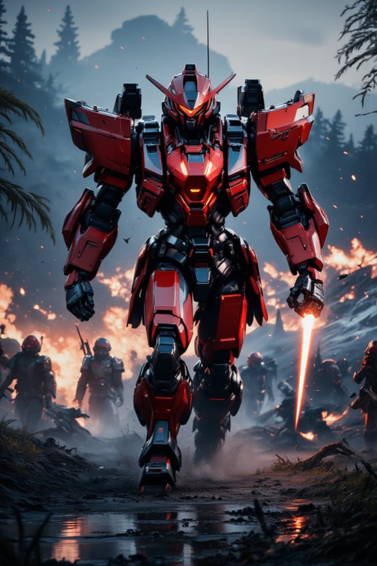 Create an ultra-realistic image of a MS-06 Zaku II,  terrorizing on a battlefield. The MS-06 Zaku II is colossal, towering over soldiers, with a single, glowing eye on the mech's head. Its red color scheme, vibrant red, with a metalic texture that shimmers under the flair lights. The scene is set at dusk, with the scarred battlefield in the background, bathed in a mix of twilight and the mech's eerie, bioluminescent eye glow. The MS-06 Zaku II is firing a massive laser gun. Panic-stricken soldiers run from it.  Emphasizing the MS-06 Zaku II fearsome presence and the destruction it wreaks., noc-futuristic, realistic textured materials, field with semi-forest, hostile environment, soft ambient light particles, Giant mech with infinite details, insanely detailed anatomy, hyper realistic style, very high resolution details, amazing light and shadow reflections that give great realism, photographic, extreme realism, realistic texture, amazing light and shadow reflections that give great realism, photographic, extreme realism, realistic texture, amazing light and shadow reflections that give great realism, photographic, amazing reflections of light and shadows that give great realism, photographic, realism taken to the extreme, fine texture, incredibly realistic, photorealistic, masterpiece, 8k, professional, dramatic, cinematic, focused sharpness, full body shot, amazing reflections of light and shadows that give great realism, action pose, natural true-to-life colours,full body
