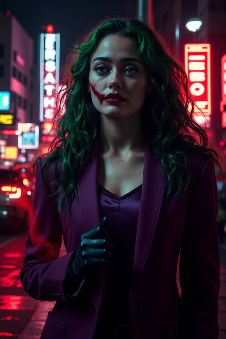 Ella Purnell as Joker, with Joker's twisted grin on face, joker face makeup, purple suit, black glove, red smoke, her green messy long hairstyle, serious badass pose, dark night, neon light city, cyberpunk realistic city background 