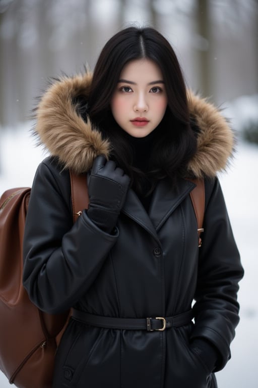 Captured at eye-level, a woman stands in a winter scene, her black hair cascades over her shoulders. She is dressed in a black leather jacket, a brown leather backpack, and black gloves. Her coat is adorned with a brown fur hood, adding a touch of warmth to her outfit. The background is blurred, creating a stark contrast to the woman's outfit.