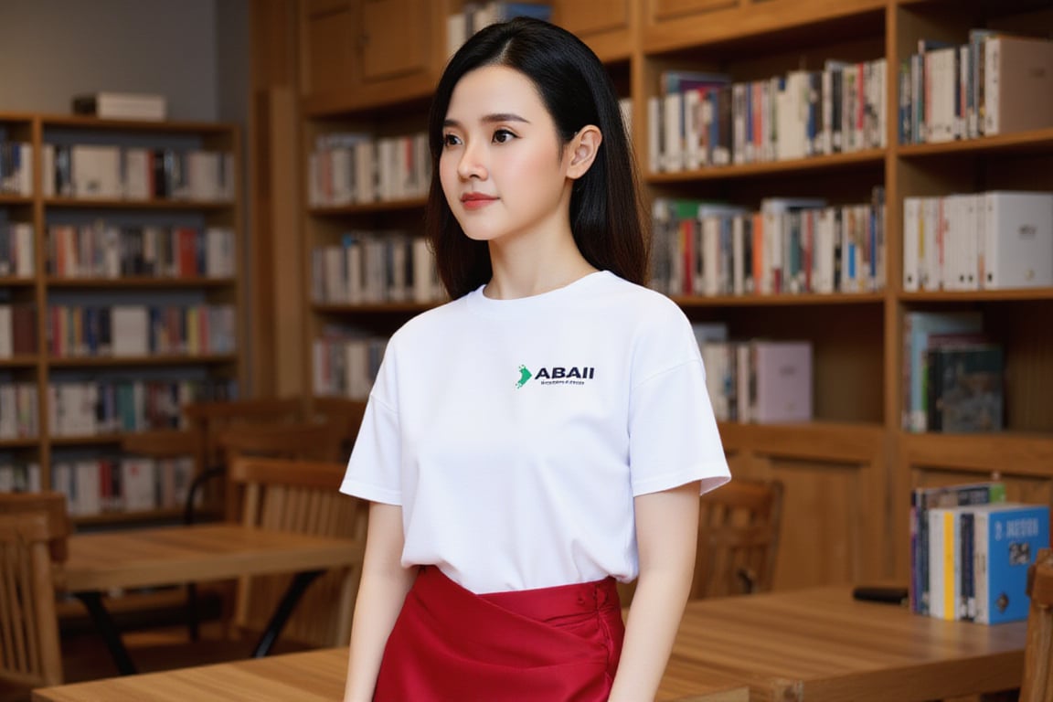 A phoro of M1DZ as a student wearing the ABAII logo on the white shirt. The logo features the text "ABAII" in bold, dark blue letters. To the left of the text is a stylized design in green, resembling a digital or blockchain motif. She is wearing red skirt with sharp library background.