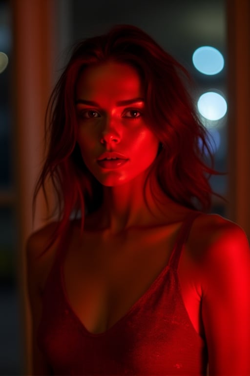 A cinematic close-up captures the radiant skin of the 27-year-old Italian brunette standing confidently in a dimly lit room, where the urban atmosphere of Berlin is palpable. The crimson glow projects a sultry atmosphere, her velvety pale skin, the fiery intensity burning in her eyes. 