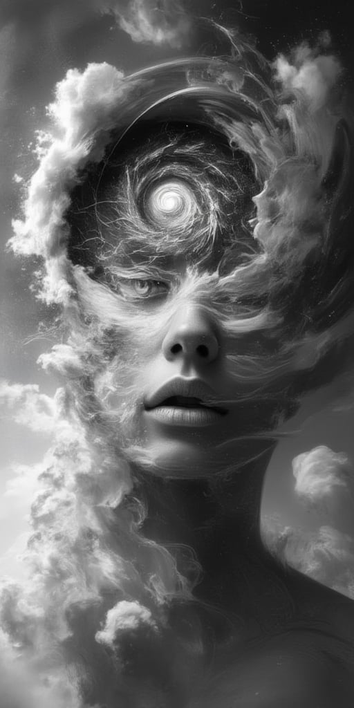 The image is a black and white digital art piece that appears to be a portrait of a woman's face. The
woman's head is tilted slightly to the side, with her eyes looking directly at the viewer. The
background is a cloudy sky with a spiral design in the center. The design is made up of intricate lines
and shapes that create a sense of depth and dimension. The overall mood of the image is surreal and
dreamlike.