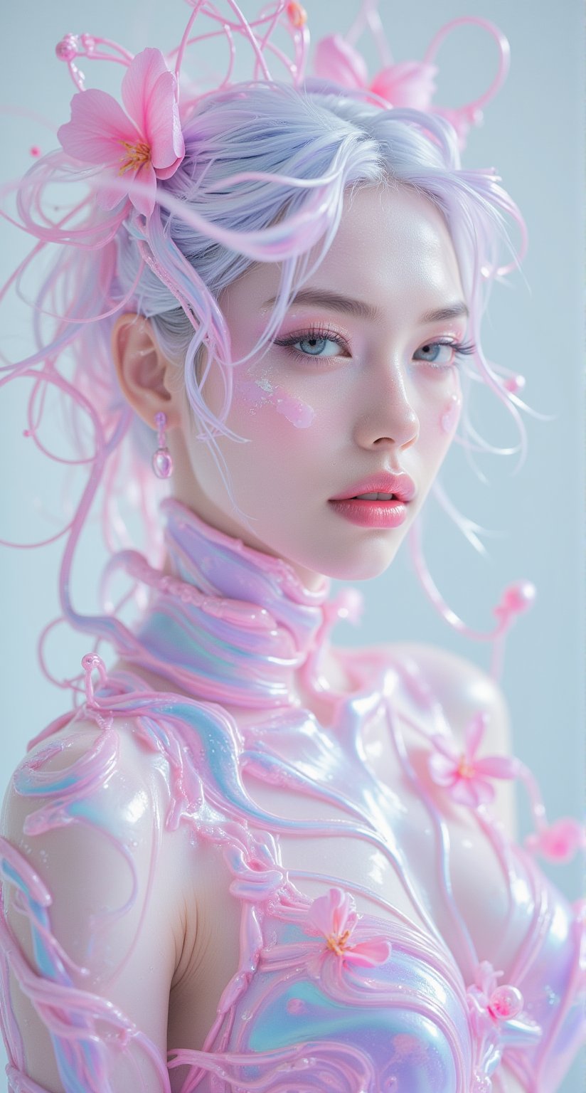 A digitally manipulated photograph of a woman covered in a smooth, glossy liquid, decorated in an organic, flowing form with pastel colours including pink, purple and blue elements, reminiscent of a futuristic and surreal presence, set against a soft, light background, capturing a mix of ethereal and sci-fi aesthetics.