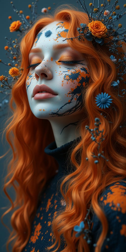 The image is a close-up portrait of a woman's face and upper body. The woman has long, wavy orange hair that is styled in loose waves and cascades down her back. Her face is painted with a dramatic and intricate design, with a mix of orange, blue, and black colors creating a splatter-like effect. Her eyes are closed and her lips are slightly parted, giving her a peaceful and serene expression.
The background is a dark grey, which contrasts with the vibrant colors of her face and hair. The overall mood of the image is surreal and dreamlike, with the woman's expression conveying a sense of mystery and intrigue. The image is made up of various elements, including branches, flowers, and other natural elements that add to the overall aesthetic.
8k, hiper realizm