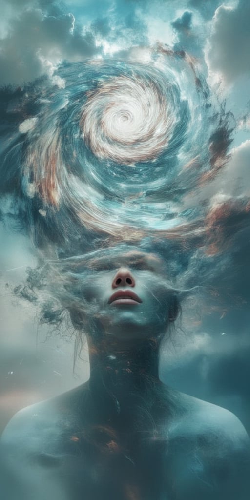 The image is a digital art piece that appears to be a portrait of a woman's face. The
woman's head is tilted slightly to the side, with her eyes looking directly at the viewer. The
background is a cloudy sky with a spiral design in the center. The design is made up of intricate lines
and shapes that create a sense of depth and dimension. The overall mood of the image is surreal and
dreamlike.