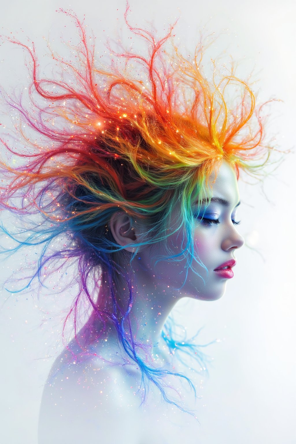 The image is a digital art piece that appears to be a portrait of a woman's head. The woman's face is
in profile, with her eyes closed and her head tilted slightly to the side. Her hair is made up of multiple
strands of different colors, including red, orange, yellow, blue, green, and purple, creating a rainbow-
like effect. The strands are arranged in a way that creates a sense of movement and energy. The
background is white, making the colors of the hair stand out even more. The overall mood of the
image is dreamlike and surreal.